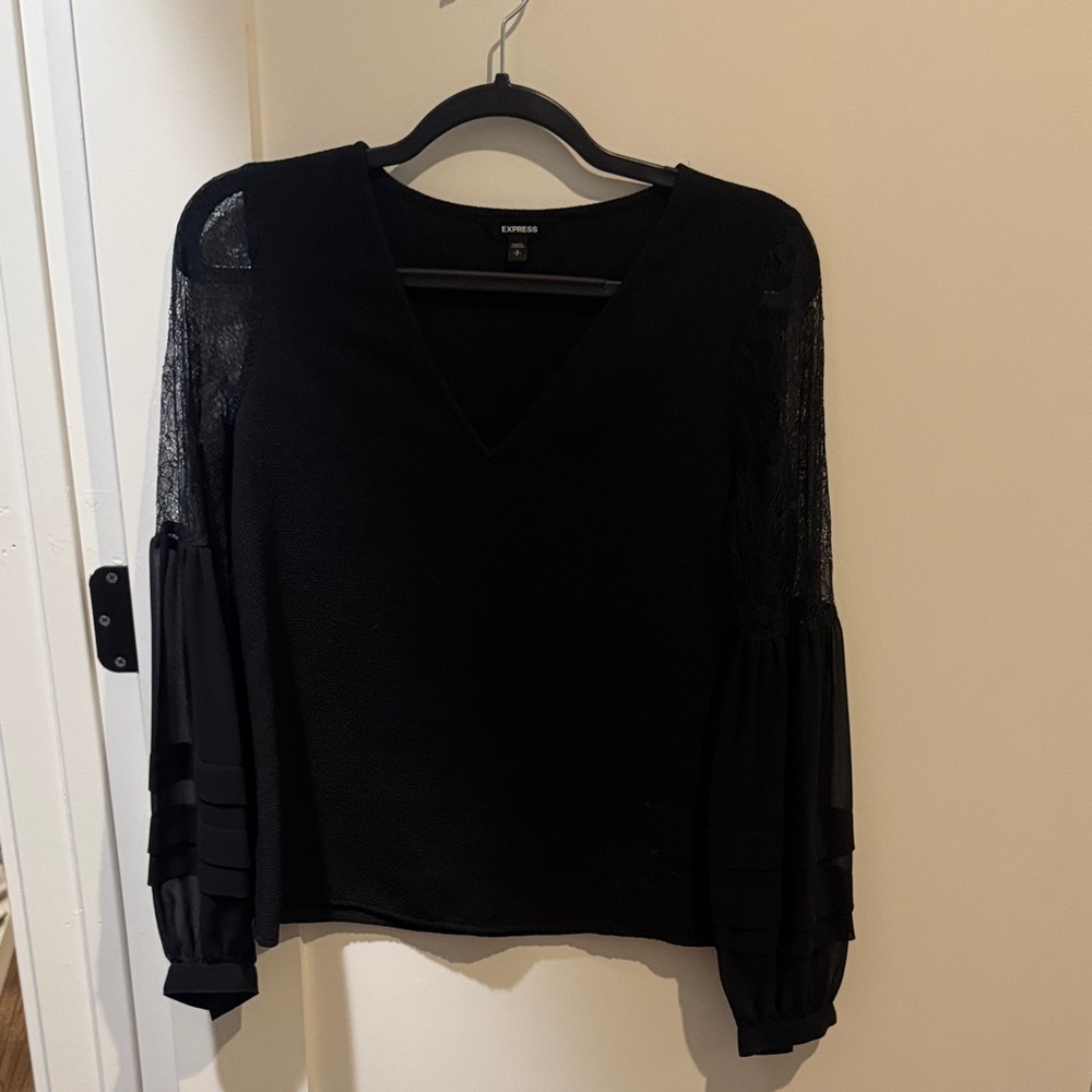 Express Black Blouse with Lace Sleeves